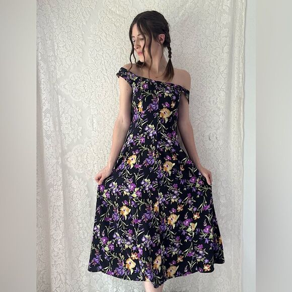 Vintage Dresses & Skirts - Vintage 80s All That Jazz Black Floral Midi Dress Crisscross Back Size 7/8